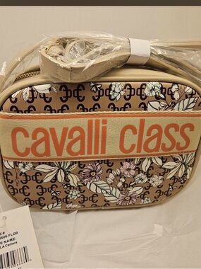 Cavalli Class Beige Floral Logo Strap Crossbody Bag with Orange Accents